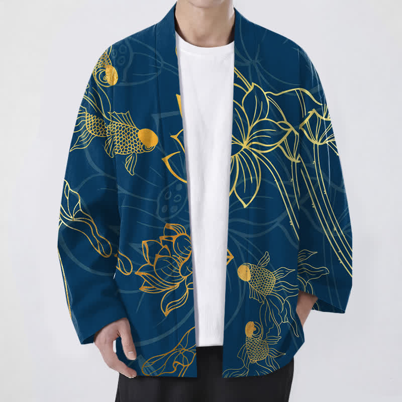 Buddha Stones Kimono für Herren aus Baumwolle mit Koi-Lotus-Muster und offener Vorderseite - Marine - US/UK/AU48, EU58 (4XL) - image 6