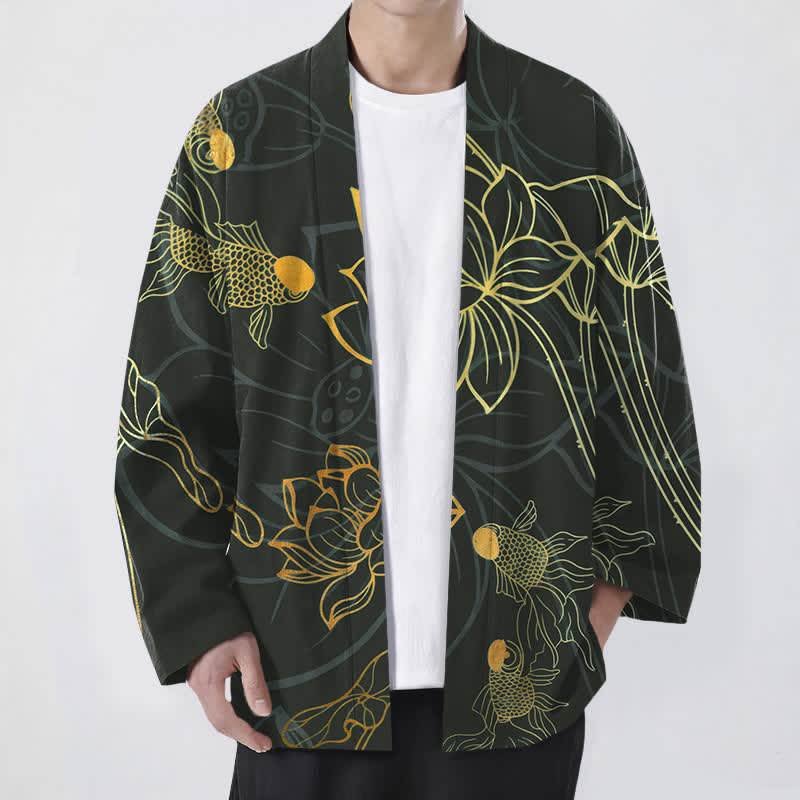 Buddha Stones Kimono für Herren aus Baumwolle mit Koi-Lotus-Muster und offener Vorderseite - Schwarz - US/UK/AU48, EU58 (4XL) - image 9