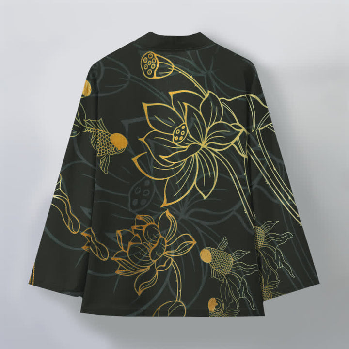 Buddha Stones Kimono für Herren aus Baumwolle mit Koi-Lotus-Muster und offener Vorderseite - image 11