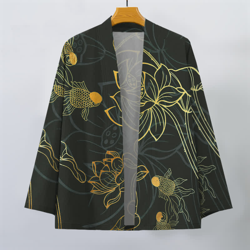 Buddha Stones Kimono für Herren aus Baumwolle mit Koi-Lotus-Muster und offener Vorderseite - image 10