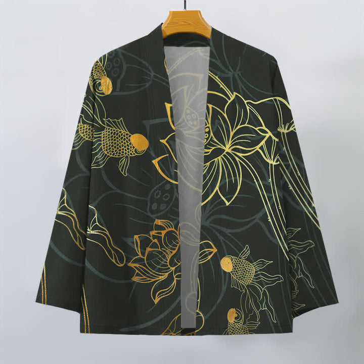 Buddha Stones Kimono für Herren aus Baumwolle mit Koi-Lotus-Muster und offener Vorderseite - image 10