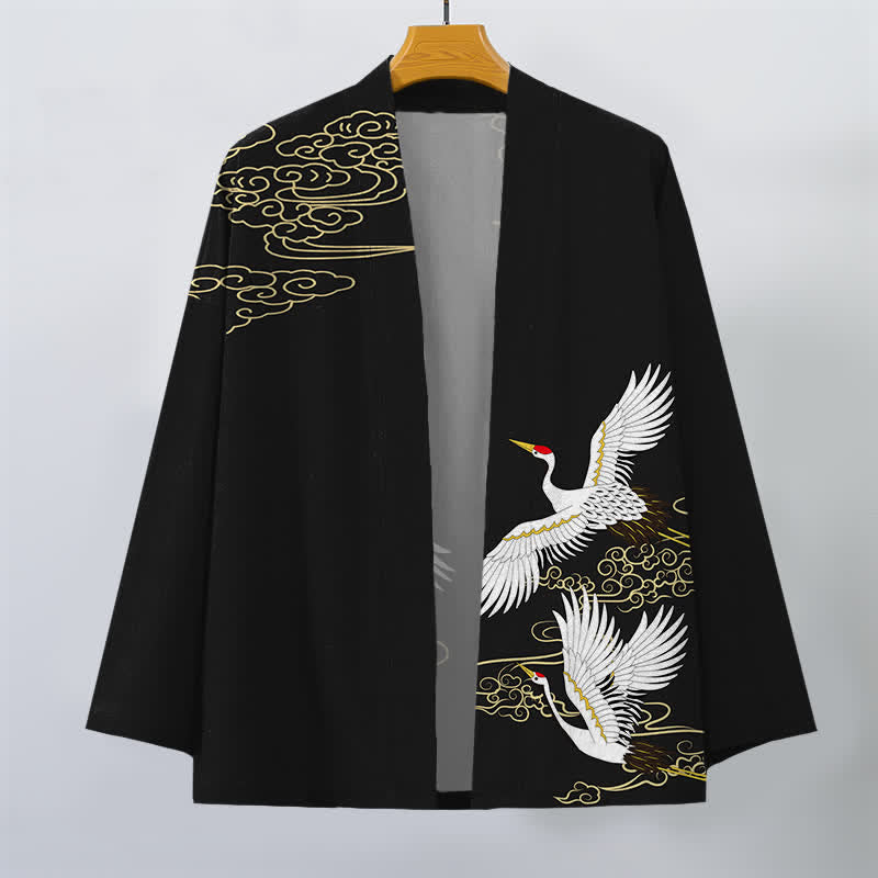 Buddha Stones Weißer Baumwollkimono mit Kranich- und Wolkenmuster, offener Vorderseite, für Herren - image 1