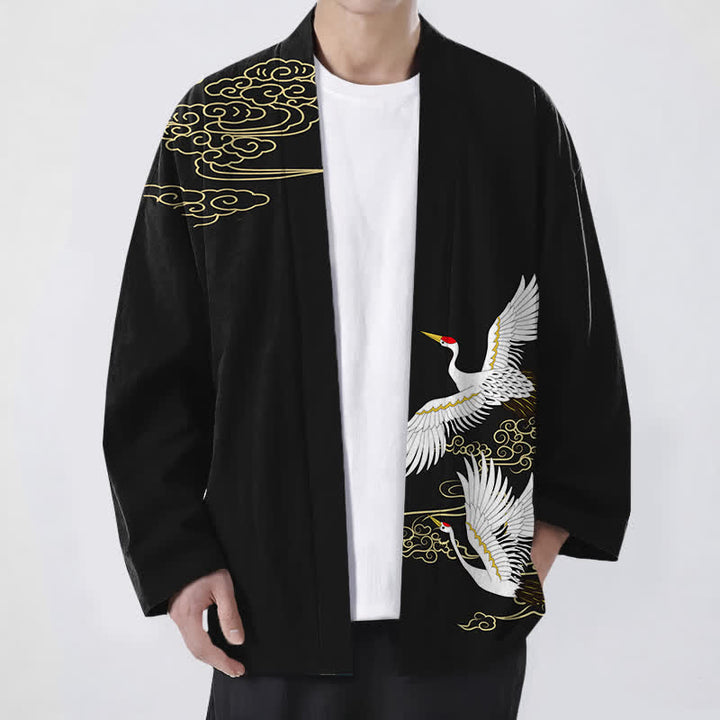 Buddha Stones Weißer Baumwollkimono mit Kranich- und Wolkenmuster, offener Vorderseite, für Herren - Schwarz - US/UK/AU48, EU58 (4XL) - image 0