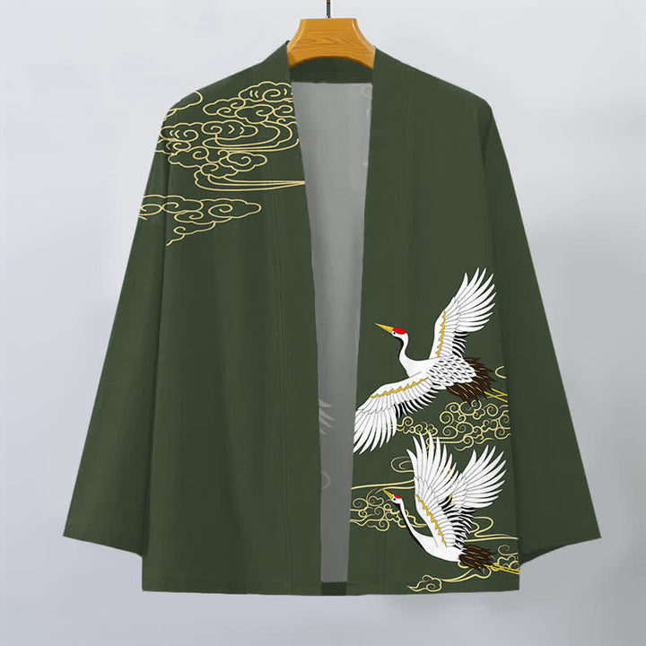 Buddha Stones Weißer Baumwollkimono mit Kranich- und Wolkenmuster, offener Vorderseite, für Herren - image 7