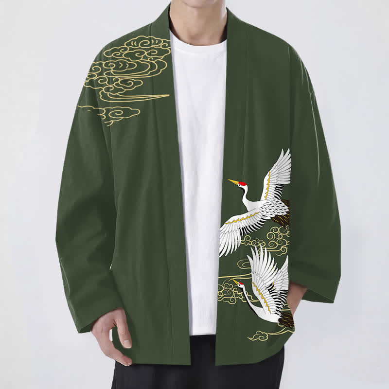 Buddha Stones Weißer Baumwollkimono mit Kranich- und Wolkenmuster, offener Vorderseite, für Herren - Dunkelolivgrün - US/UK/AU48, EU58 (4XL) - image 6