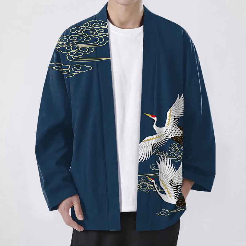 Buddha Stones Weißer Baumwollkimono mit Kranich- und Wolkenmuster, offener Vorderseite, für Herren - Marine - US/UK/AU48, EU58 (4XL) - image 9