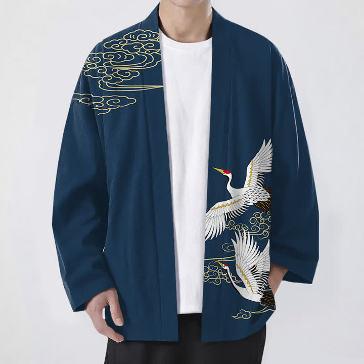 Buddha Stones Weißer Baumwollkimono mit Kranich- und Wolkenmuster, offener Vorderseite, für Herren - Marine - US/UK/AU48, EU58 (4XL) - image 9