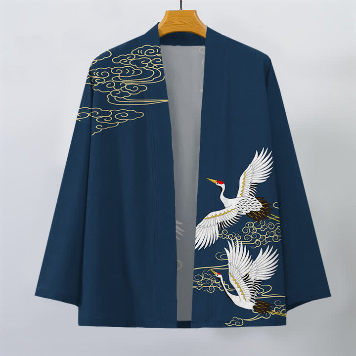 Buddha Stones Weißer Baumwollkimono mit Kranich- und Wolkenmuster, offener Vorderseite, für Herren - image 10