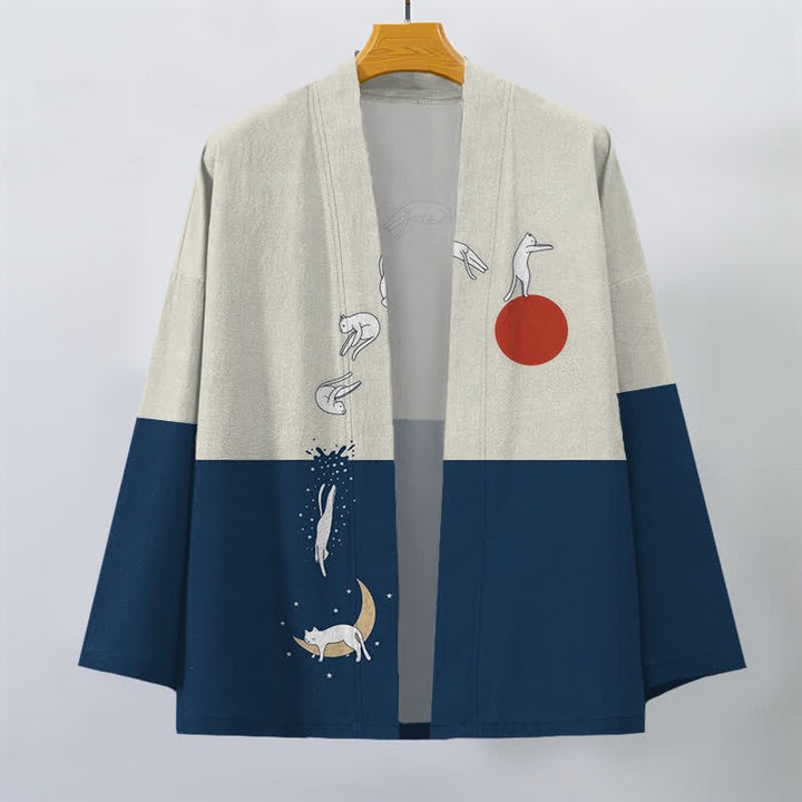 Buddha Stones Kimono aus Baumwolle mit Katzen-, Sonnen- und Halbmondmuster, offener Vorderseite, für Herren - image 1