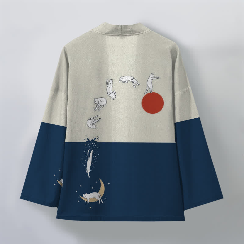Buddha Stones Kimono aus Baumwolle mit Katzen-, Sonnen- und Halbmondmuster, offener Vorderseite, für Herren - image 2