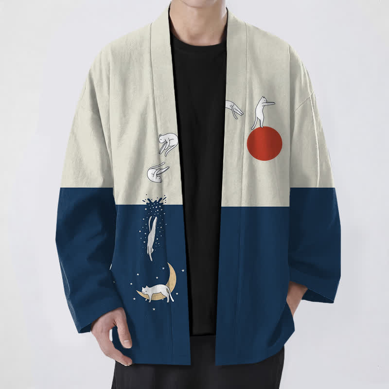 Buddha Stones Kimono aus Baumwolle mit Katzen-, Sonnen- und Halbmondmuster, offener Vorderseite, für Herren - Marine - US/UK/AU48, EU58 (4XL) - image 0