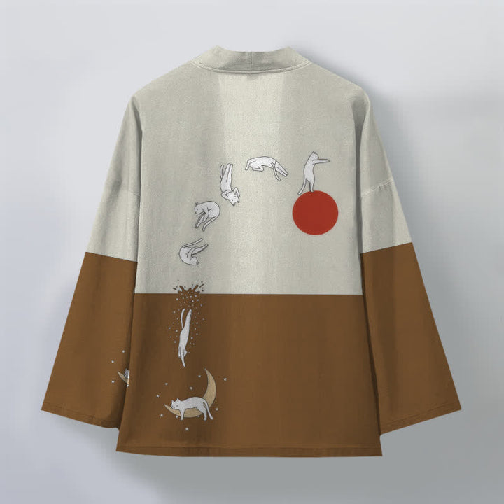 Buddha Stones Kimono aus Baumwolle mit Katzen-, Sonnen- und Halbmondmuster, offener Vorderseite, für Herren - image 8