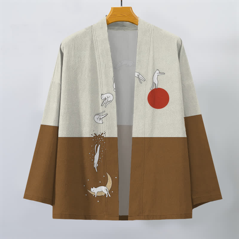 Buddha Stones Kimono aus Baumwolle mit Katzen-, Sonnen- und Halbmondmuster, offener Vorderseite, für Herren - image 7