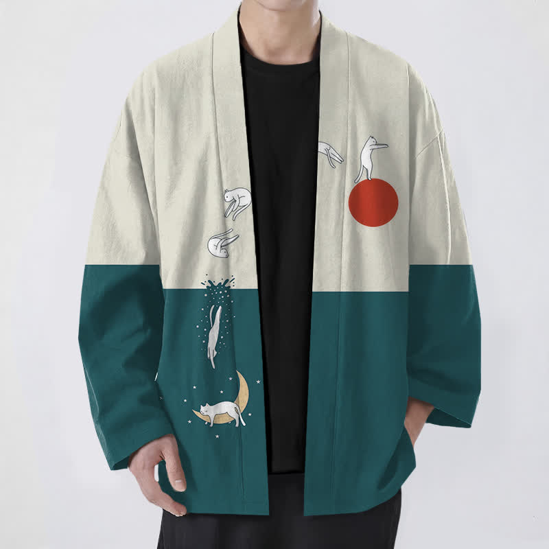 Buddha Stones Kimono aus Baumwolle mit Katzen-, Sonnen- und Halbmondmuster, offener Vorderseite, für Herren - Türkis - US/UK/AU48, EU58 (4XL) - image 9
