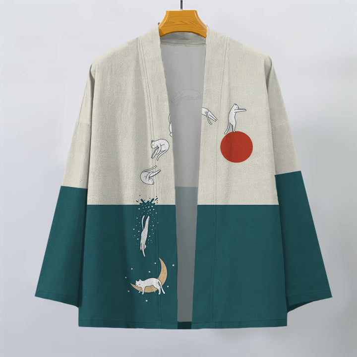 Buddha Stones Kimono aus Baumwolle mit Katzen-, Sonnen- und Halbmondmuster, offener Vorderseite, für Herren - image 10