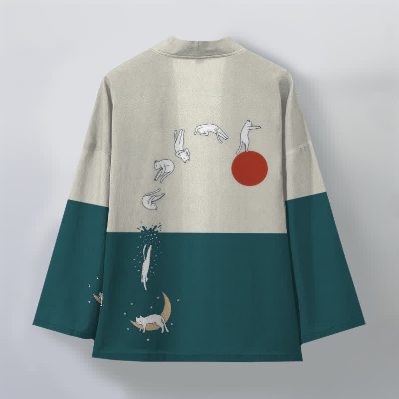 Buddha Stones Kimono aus Baumwolle mit Katzen-, Sonnen- und Halbmondmuster, offener Vorderseite, für Herren - image 11