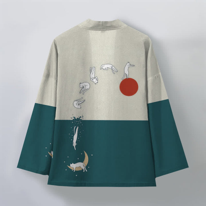 Buddha Stones Kimono aus Baumwolle mit Katzen-, Sonnen- und Halbmondmuster, offener Vorderseite, für Herren - image 11
