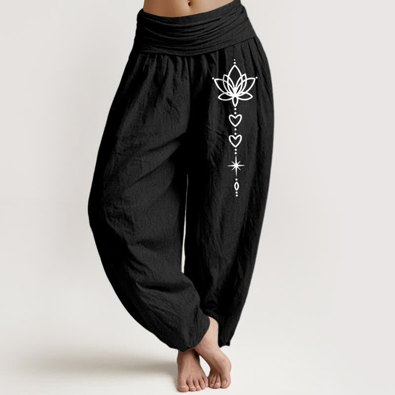 Buddha Stones Damen-Haremshose aus reiner Baumwolle mit Lotus-Herz- und Sternenmuster, elastischer Bund - Schwarz - US16, UK/AU20, EU48 (3XL) - image 0