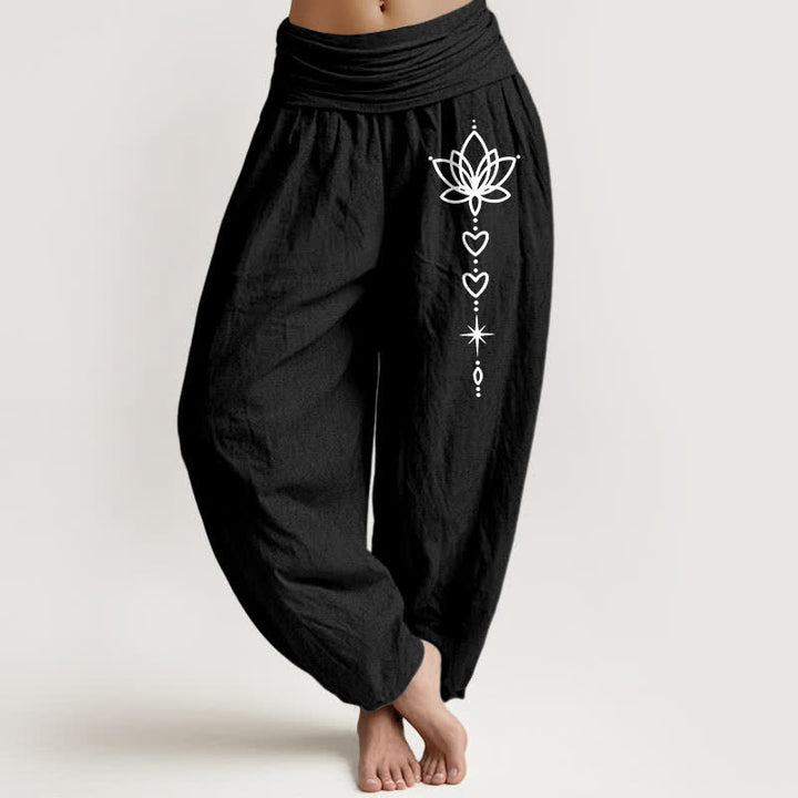 Buddha Stones Damen-Haremshose aus reiner Baumwolle mit Lotus-Herz- und Sternenmuster, elastischer Bund - Schwarz - US16, UK/AU20, EU48 (3XL) - image 0