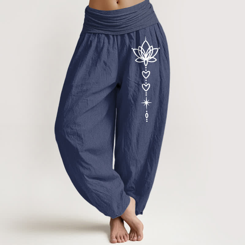 Buddha Stones Damen-Haremshose aus reiner Baumwolle mit Lotus-Herz- und Sternenmuster, elastischer Bund - Dunkelschieferblau - US16, UK/AU20, EU48 (3XL) - image 5