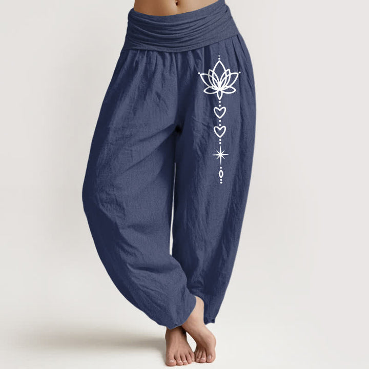 Buddha Stones Damen-Haremshose aus reiner Baumwolle mit Lotus-Herz- und Sternenmuster, elastischer Bund - Dunkelschieferblau - US16, UK/AU20, EU48 (3XL) - image 5