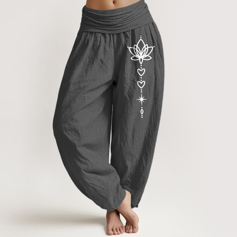 Buddha Stones Damen-Haremshose aus reiner Baumwolle mit Lotus-Herz- und Sternenmuster, elastischer Bund - DimGray - US16, UK/AU20, EU48 (3XL) - image 8