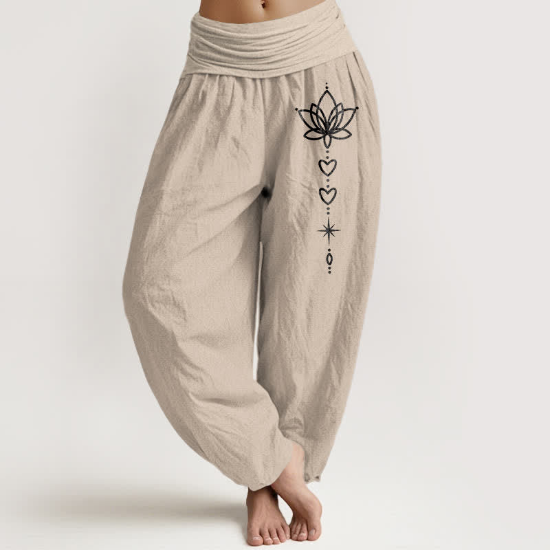 Buddha Stones Damen-Haremshose aus reiner Baumwolle mit Lotus-Herz- und Sternenmuster, elastischer Bund - Bräunen - US16, UK/AU20, EU48 (3XL) - image 11