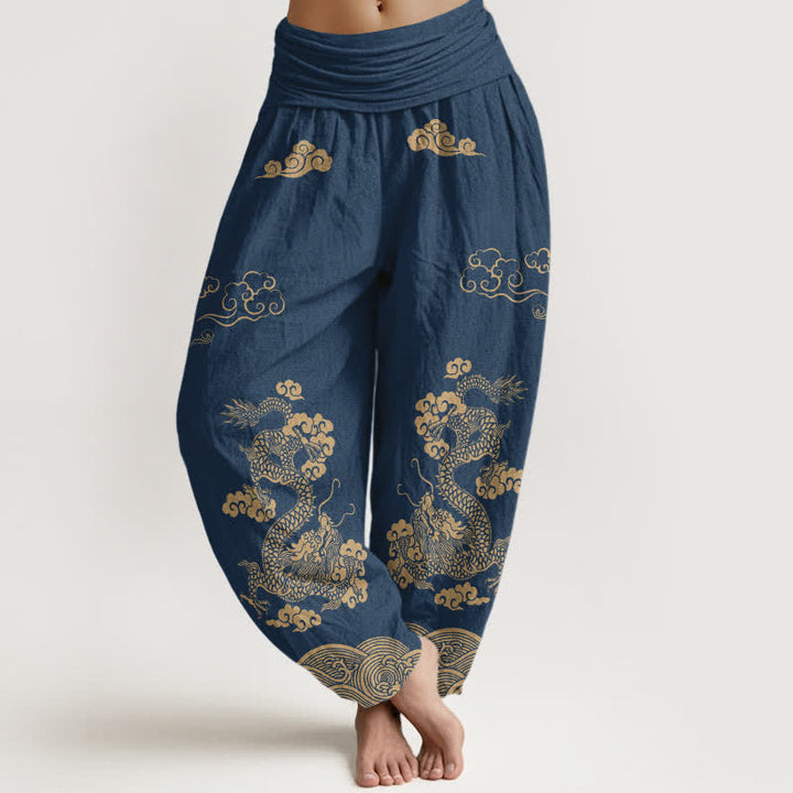 Buddha Stones Baumwoll-Haremshose mit Vintage-Drachen- und Wolkenmuster, elastischer Bund, Damen - Marine - US16, UK/AU20, EU48 (3XL) - image 0