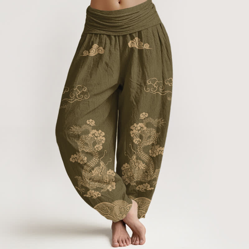Buddha Stones Baumwoll-Haremshose mit Vintage-Drachen- und Wolkenmuster, elastischer Bund, Damen - Dunkelkhaki - US16, UK/AU20, EU48 (3XL) - image 5