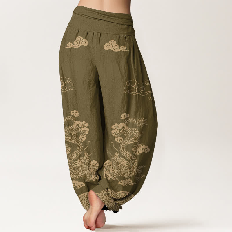 Buddha Stones Baumwoll-Haremshose mit Vintage-Drachen- und Wolkenmuster, elastischer Bund, Damen - image 7