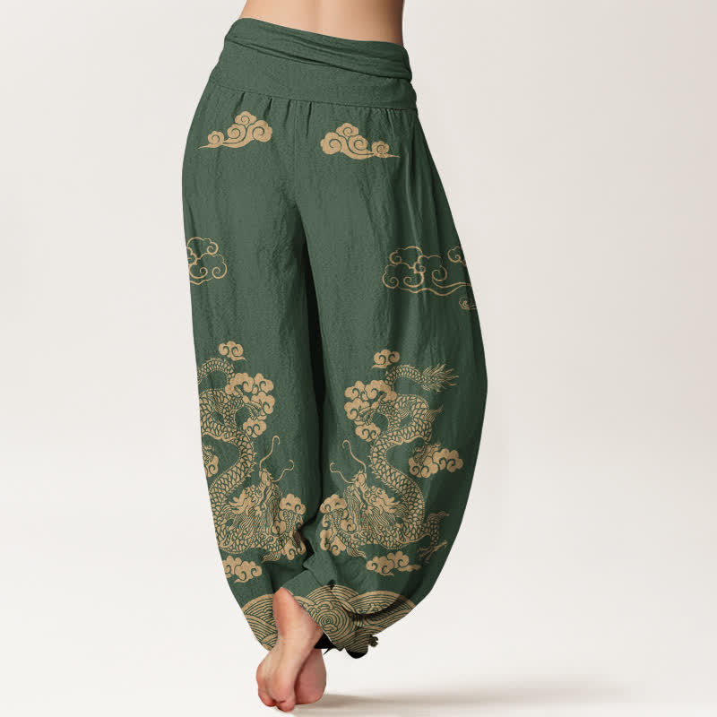 Buddha Stones Baumwoll-Haremshose mit Vintage-Drachen- und Wolkenmuster, elastischer Bund, Damen - image 10