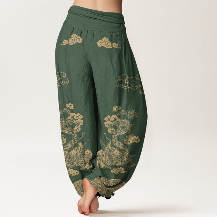 Buddha Stones Baumwoll-Haremshose mit Vintage-Drachen- und Wolkenmuster, elastischer Bund, Damen - image 10