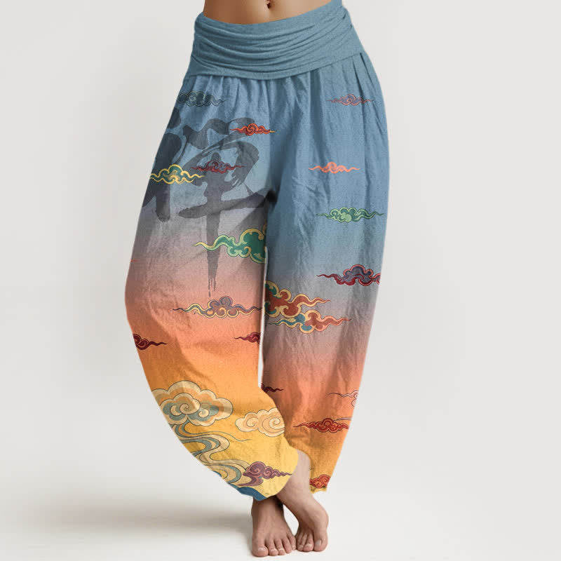 Buddha Stones Baumwoll-Haremshose mit orientalischem Wolkenwaschmuster und elastischem Bund für Damen - Orange - US16, UK/AU20, EU48 (3XL) - image 0