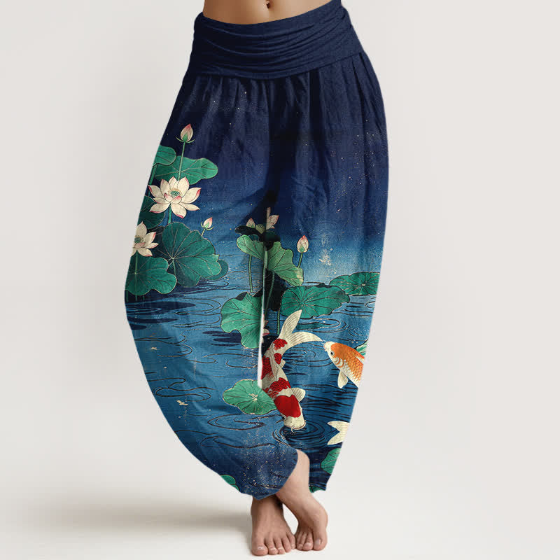 Buddha Stones Baumwoll-Haremshose mit blühendem Lotus-Koi-Muster und elastischem Bund für Damen - Marine - US16, UK/AU20, EU48 (3XL) - image 0