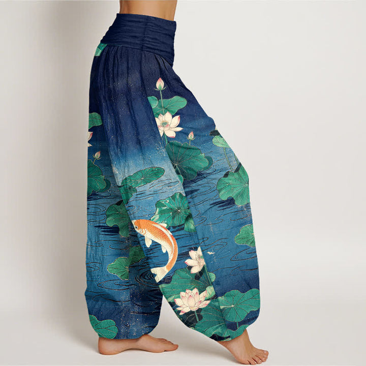 Buddha Stones Baumwoll-Haremshose mit blühendem Lotus-Koi-Muster und elastischem Bund für Damen - image 2