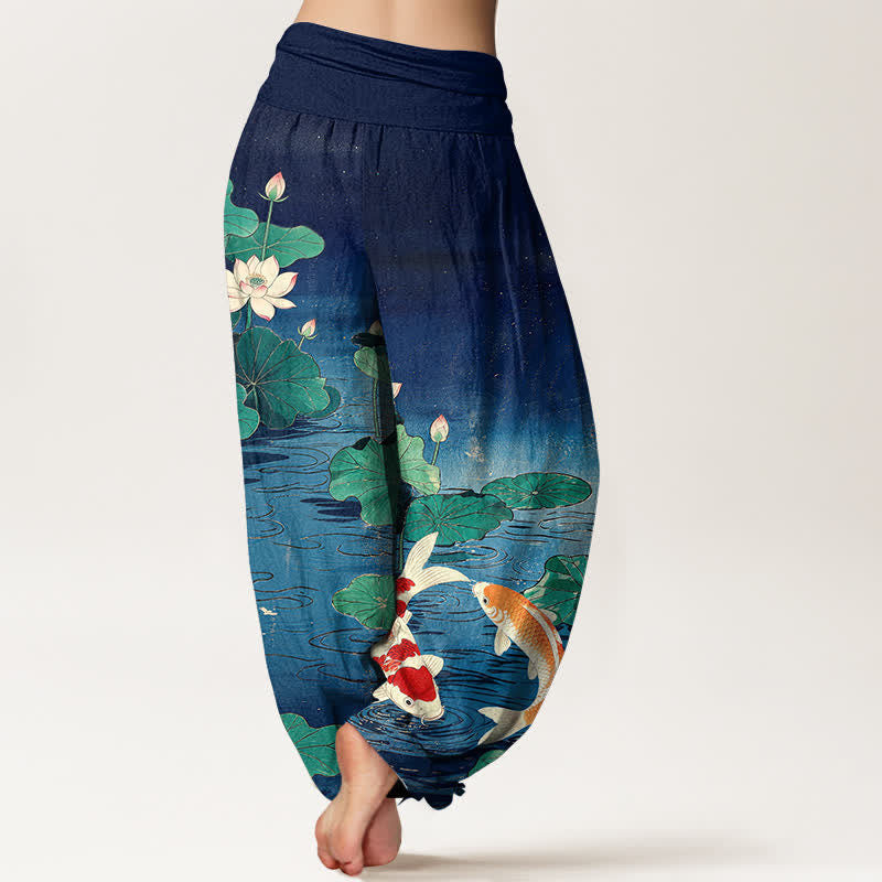 Buddha Stones Baumwoll-Haremshose mit blühendem Lotus-Koi-Muster und elastischem Bund für Damen - image 1