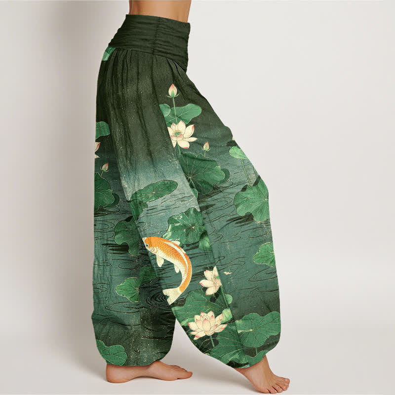 Buddha Stones Baumwoll-Haremshose mit blühendem Lotus-Koi-Muster und elastischem Bund für Damen - image 6