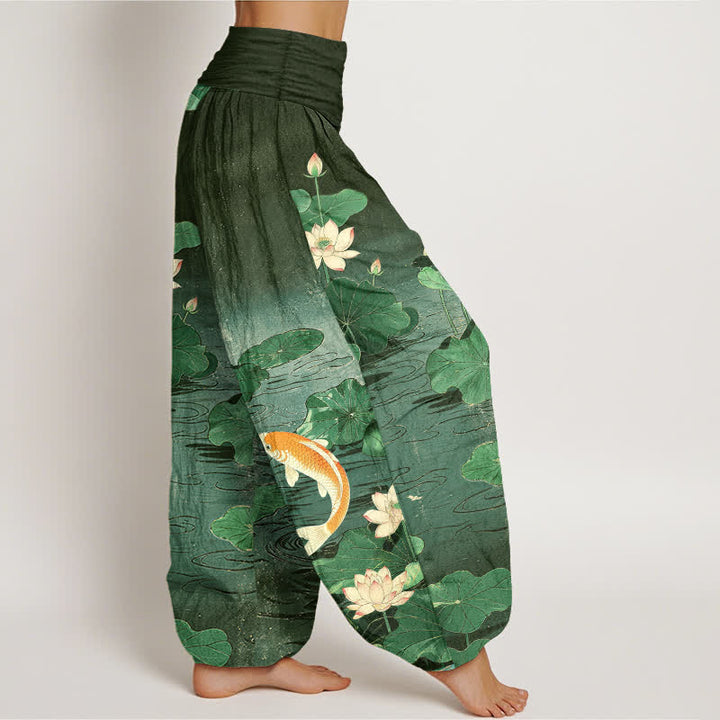 Buddha Stones Baumwoll-Haremshose mit blühendem Lotus-Koi-Muster und elastischem Bund für Damen - image 6