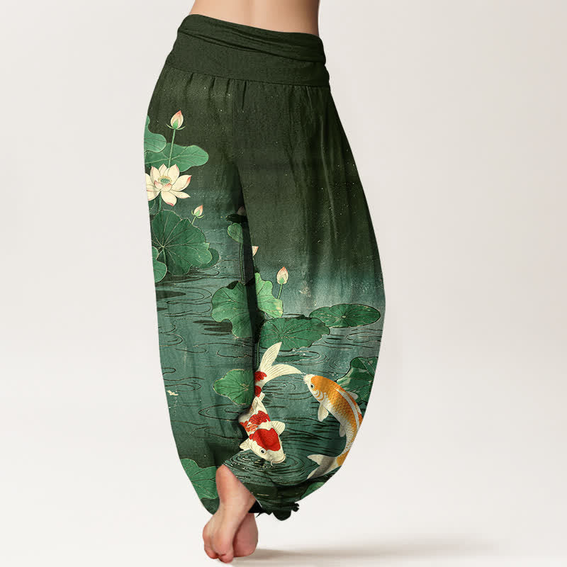 Buddha Stones Baumwoll-Haremshose mit blühendem Lotus-Koi-Muster und elastischem Bund für Damen - image 7