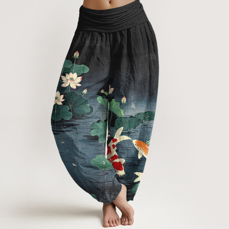 Buddha Stones Baumwoll-Haremshose mit blühendem Lotus-Koi-Muster und elastischem Bund für Damen - Schwarz - US16, UK/AU20, EU48 (3XL) - image 8
