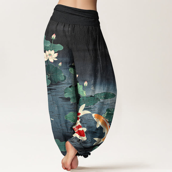 Buddha Stones Baumwoll-Haremshose mit blühendem Lotus-Koi-Muster und elastischem Bund für Damen - image 10