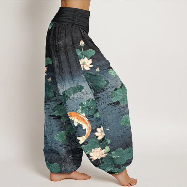 Buddha Stones Baumwoll-Haremshose mit blühendem Lotus-Koi-Muster und elastischem Bund für Damen - image 9