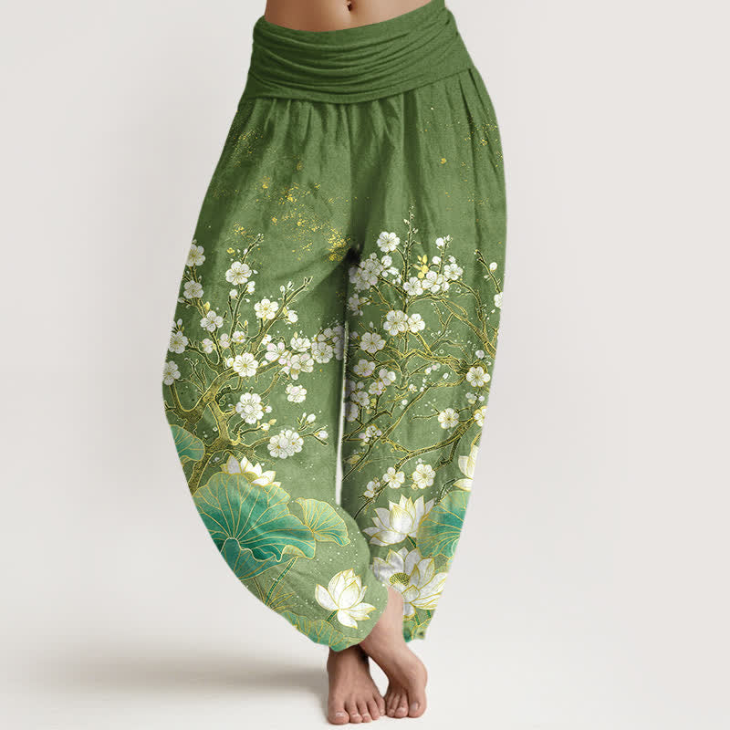 Buddha Stones Baumwoll-Haremshose mit botanischem Lotusblumenmuster und elastischem Bund für Damen - Olivgrün - US16, UK/AU20, EU48 (3XL) - image 0