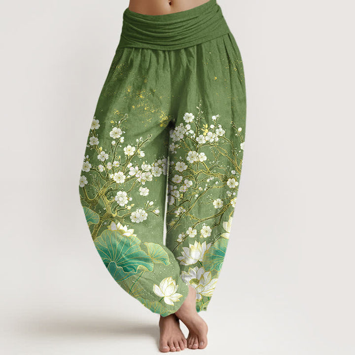 Buddha Stones Baumwoll-Haremshose mit botanischem Lotusblumenmuster und elastischem Bund für Damen - Olivgrün - US16, UK/AU20, EU48 (3XL) - image 0