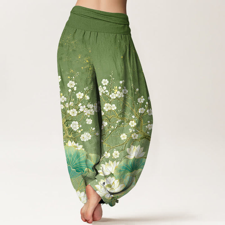 Buddha Stones Baumwoll-Haremshose mit botanischem Lotusblumenmuster und elastischem Bund für Damen - image 2