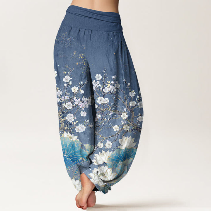 Buddha Stones Baumwoll-Haremshose mit botanischem Lotusblumenmuster und elastischem Bund für Damen - image 7