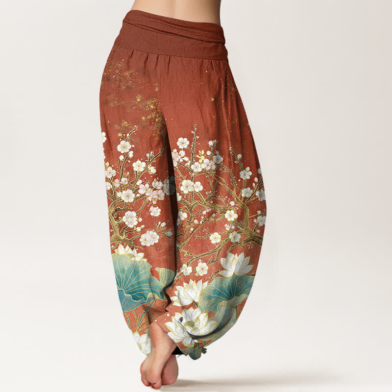 Buddha Stones Baumwoll-Haremshose mit botanischem Lotusblumenmuster und elastischem Bund für Damen - image 10