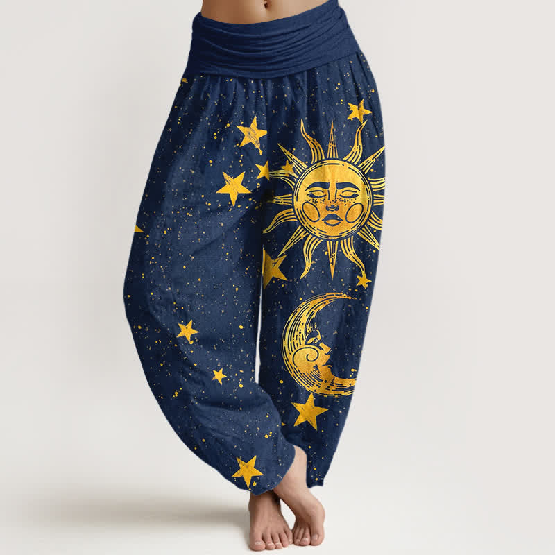 Buddha Stones Baumwoll-Haremshose mit goldenem Sonnensternmuster und elastischem Bund für Damen - Marine - US16, UK/AU20, EU48 (3XL) - image 0