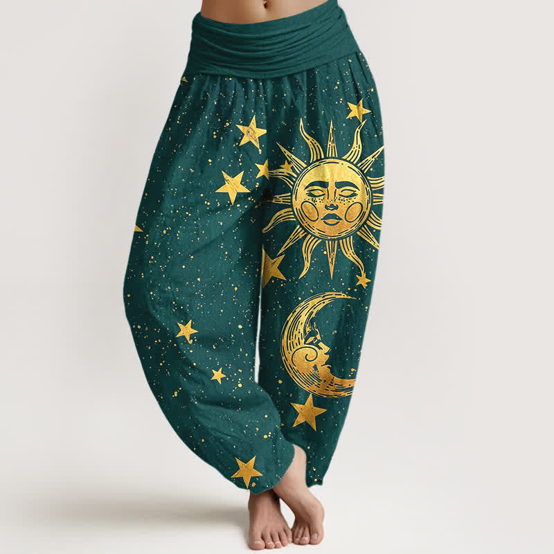 Buddha Stones Baumwoll-Haremshose mit goldenem Sonnensternmuster und elastischem Bund für Damen - Türkis - US16, UK/AU20, EU48 (3XL) - image 5
