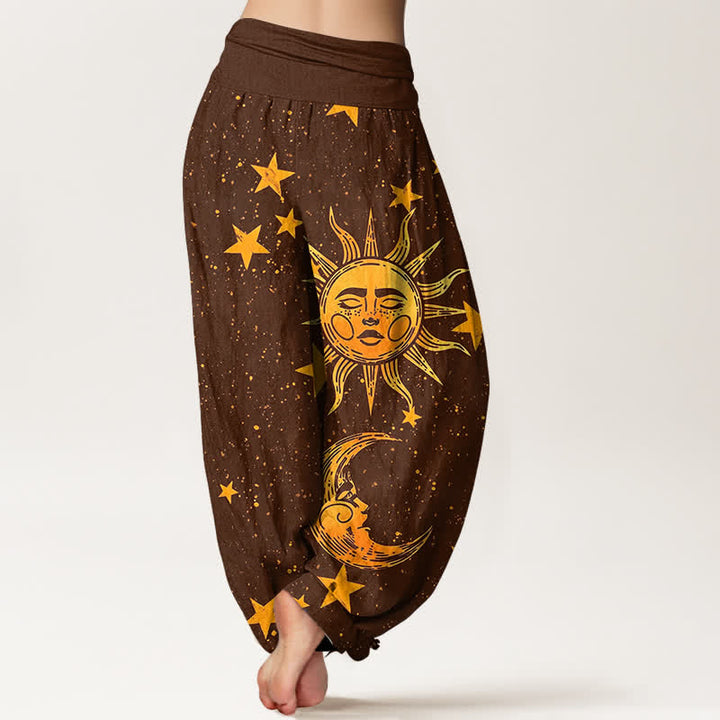 Buddha Stones Baumwoll-Haremshose mit goldenem Sonnensternmuster und elastischem Bund für Damen - image 10